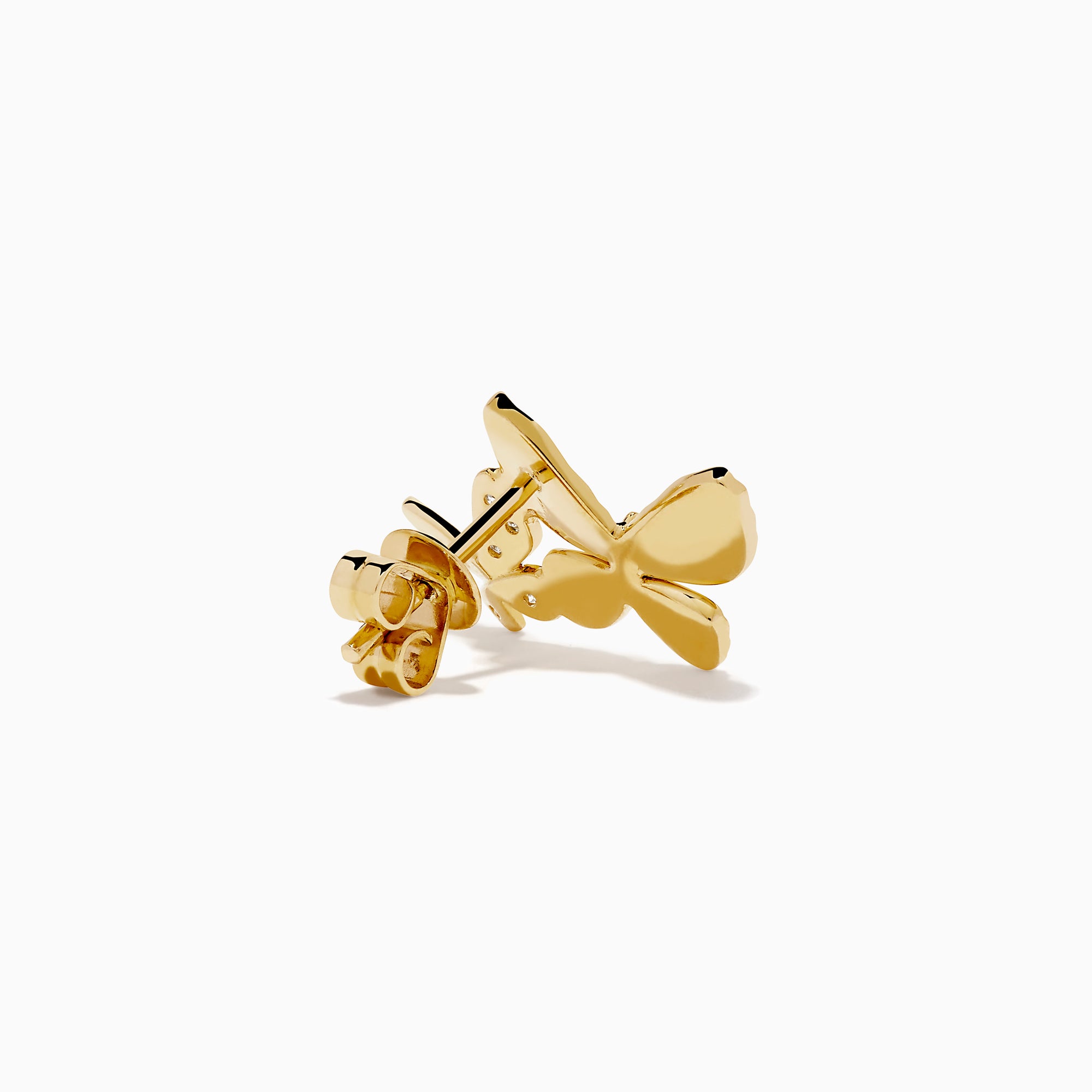 The 14K Yellow Gold Diamond Double Butterfly Stud Earrings feature a larger butterfly with ridged detailing and a smaller, gemstone-adorned butterfly, shown on a white background.