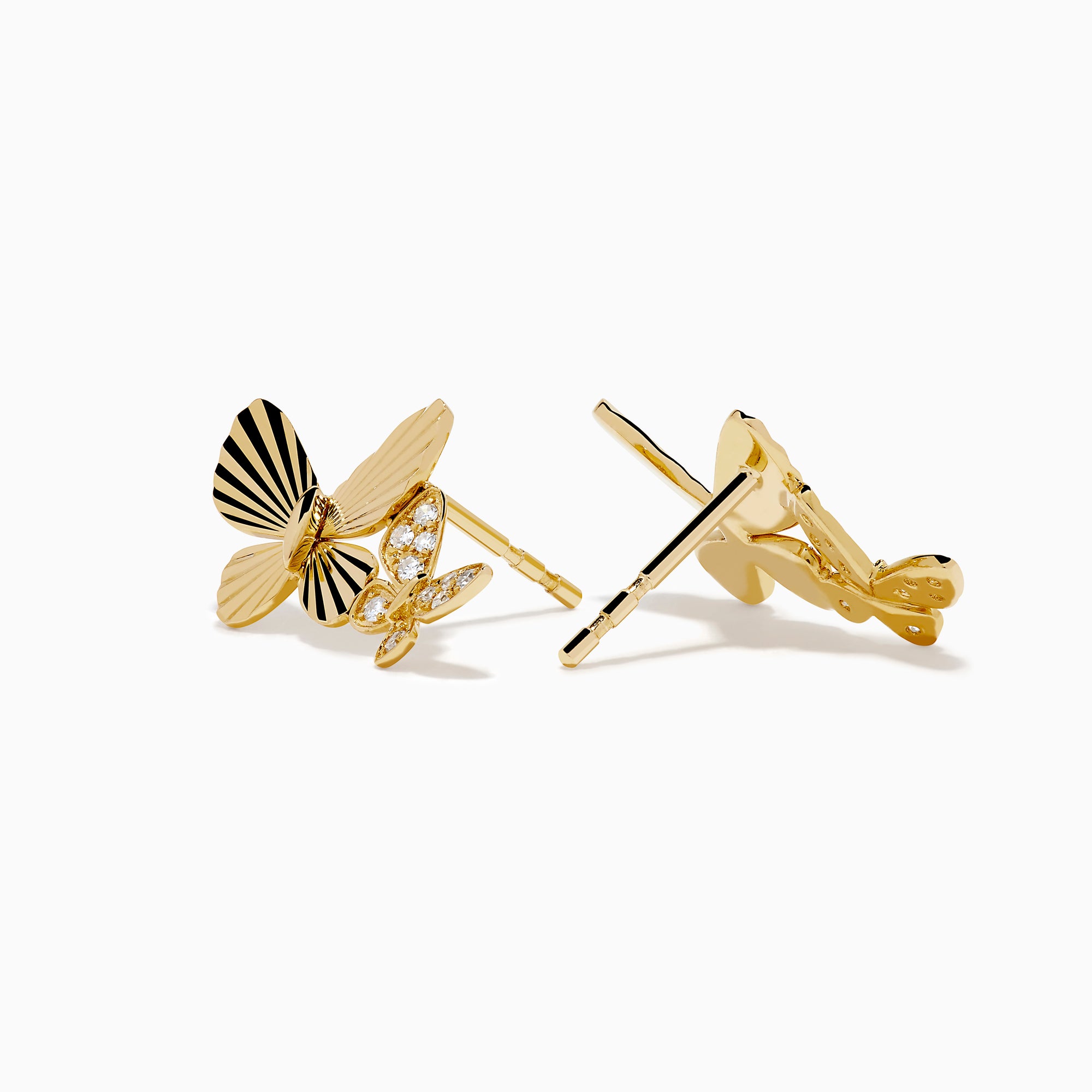 The 14K Yellow Gold Diamond Double Butterfly Stud Earrings feature a larger butterfly with ridged detailing and a smaller, gemstone-adorned butterfly, shown on a white background.