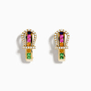 14K Yellow Gold Horseshoe Hoop Earrings featuring multi color sapphires and sparkling diamonds, displayed on a plain white background.