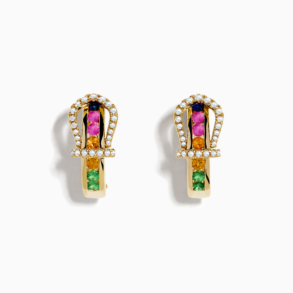 14K Yellow Gold Horseshoe Hoop Earrings featuring multi color sapphires and sparkling diamonds, displayed on a plain white background.