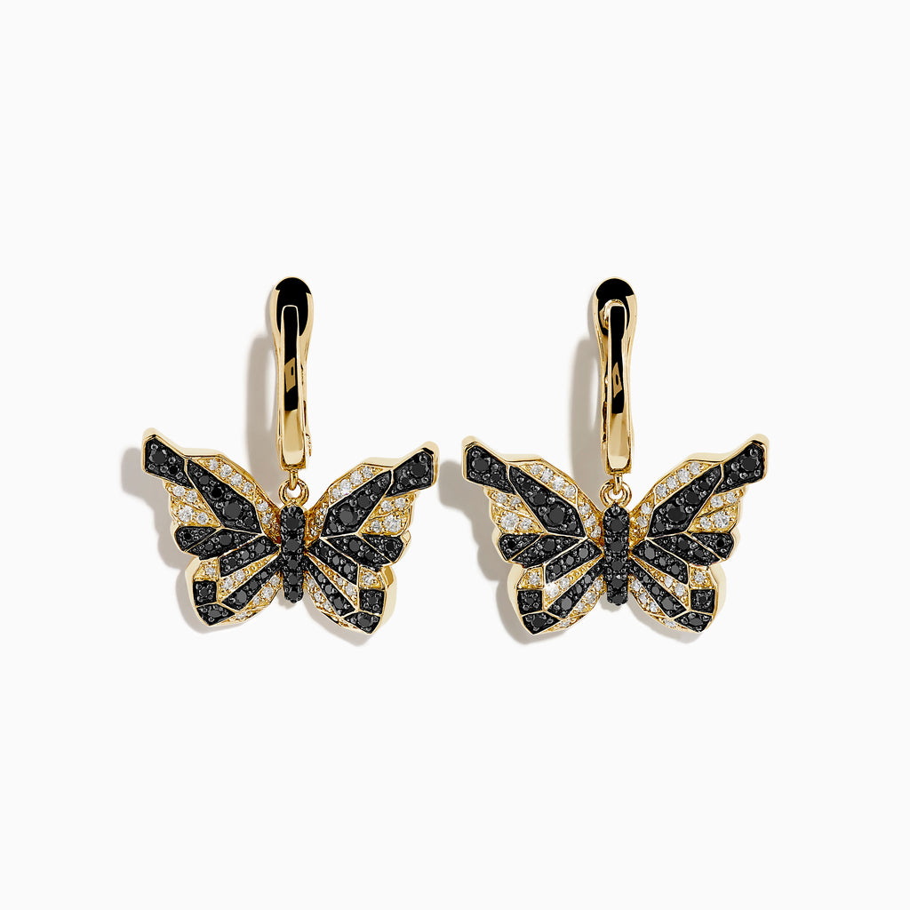 14K Yellow Gold Black and White Diamond Butterfly Earrings featuring a hoop design and geometric crystal pattern on the wings, shown against a white background.