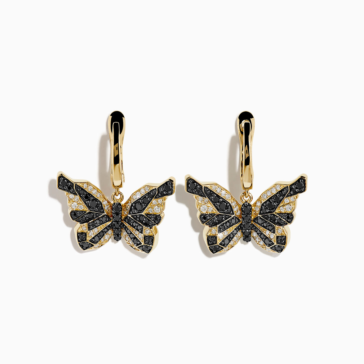14K Yellow Gold Black and White Diamond Butterfly Earrings featuring a hoop design and geometric crystal pattern on the wings, shown against a white background.