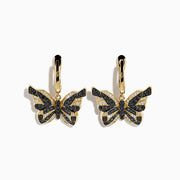 14K Yellow Gold Black and White Diamond Butterfly Earrings featuring a hoop design and geometric crystal pattern on the wings, shown against a white background.
