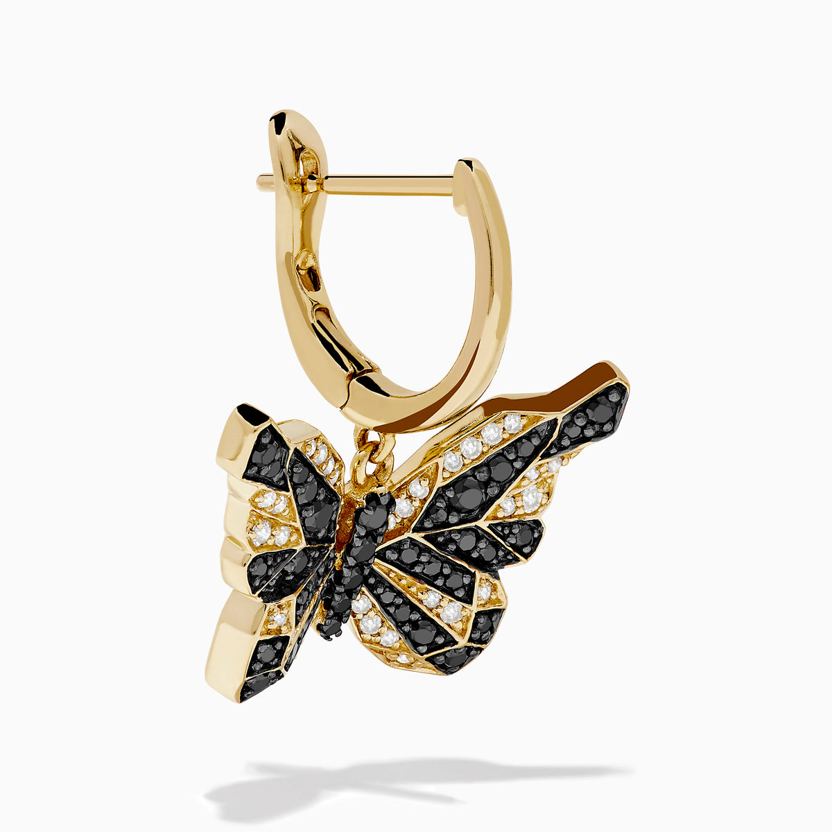 14K Yellow Gold Black and White Diamond Butterfly Earrings featuring a hoop design and geometric crystal pattern on the wings, shown against a white background.