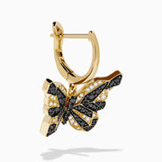 14K Yellow Gold Black and White Diamond Butterfly Earrings featuring a hoop design and geometric crystal pattern on the wings, shown against a white background.
