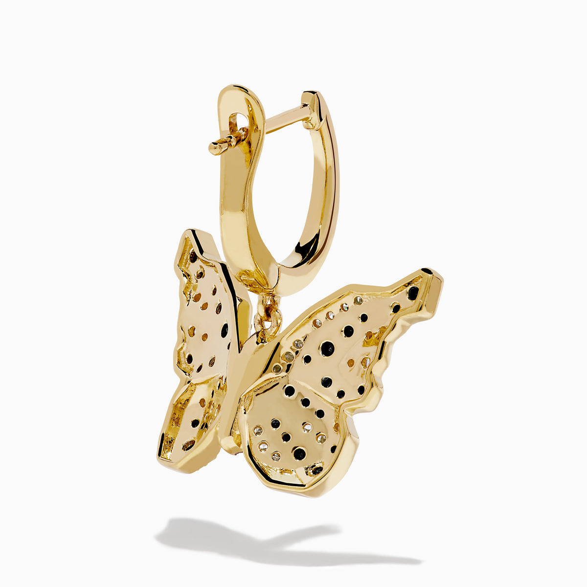 14K Yellow Gold Black and White Diamond Butterfly Earrings featuring a hoop design and geometric crystal pattern on the wings, shown against a white background.