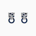 The Signature 14K White Gold Blue Sapphire and Diamond Panther Drop Earrings feature panther heads holding rings, accented with blue sapphires and diamonds for a captivating look.