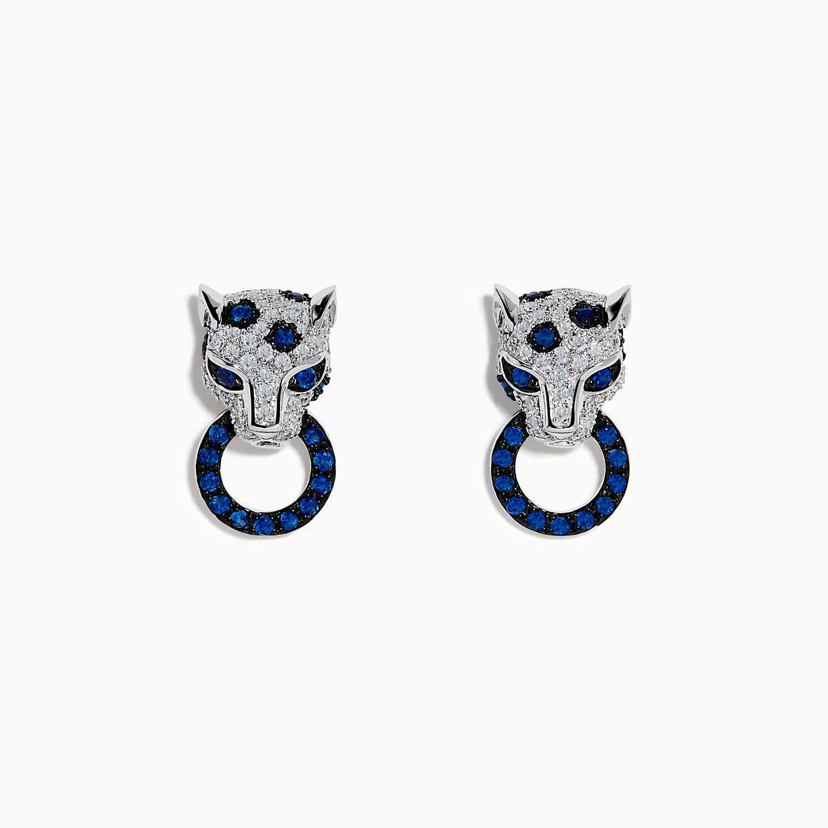The Signature 14K White Gold Blue Sapphire and Diamond Panther Drop Earrings feature panther heads holding rings, accented with blue sapphires and diamonds for a captivating look.