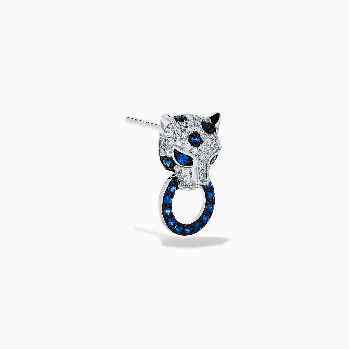 The Signature 14K White Gold Blue Sapphire and Diamond Panther Drop Earrings feature panther heads holding rings, accented with blue sapphires and diamonds for a captivating look.