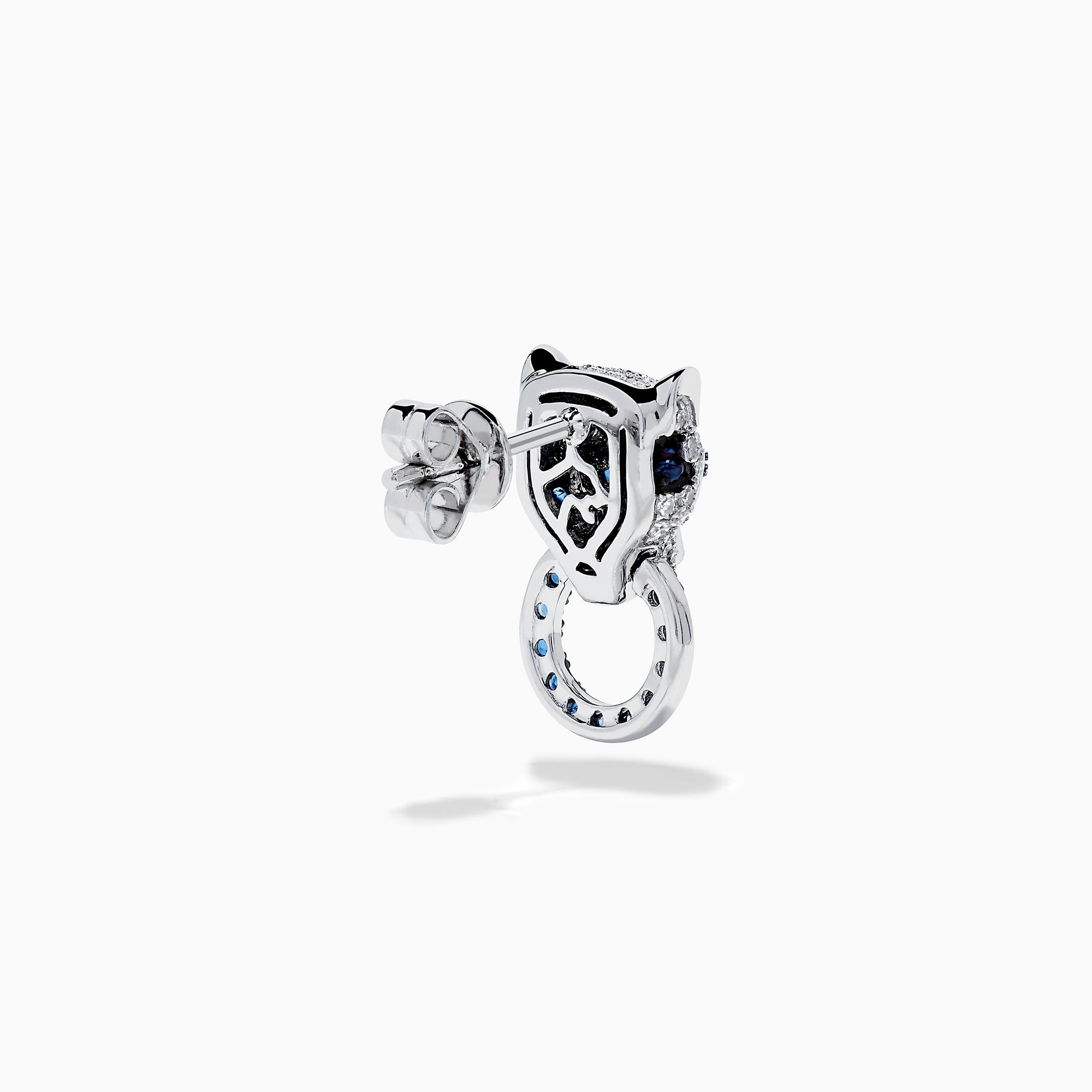 The Signature 14K White Gold Blue Sapphire and Diamond Panther Drop Earrings feature panther heads holding rings, accented with blue sapphires and diamonds for a captivating look.