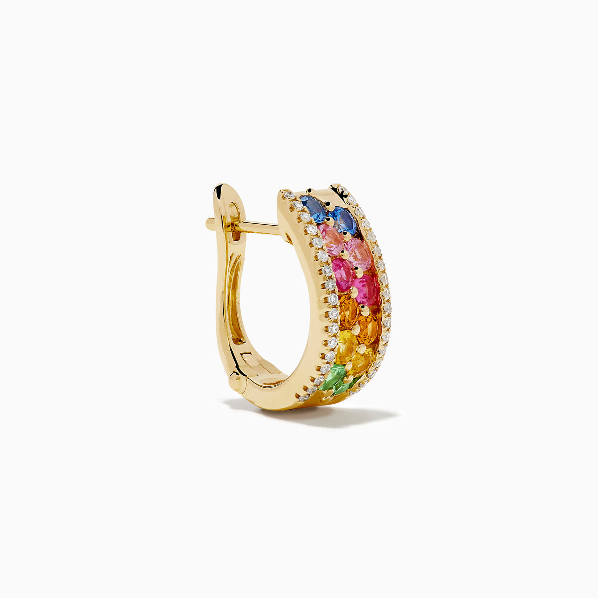 The Watercolors 14K Yellow Gold Multi Sapphire and Diamond Mini Hoop Earrings feature vibrant rows of colorful sapphires bordered by sparkling diamonds, shown against a white background.