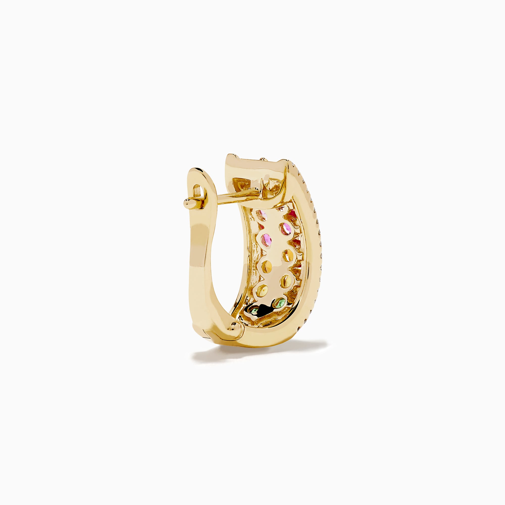 The Watercolors 14K Yellow Gold Multi Sapphire and Diamond Mini Hoop Earrings feature vibrant rows of colorful sapphires bordered by sparkling diamonds, shown against a white background.