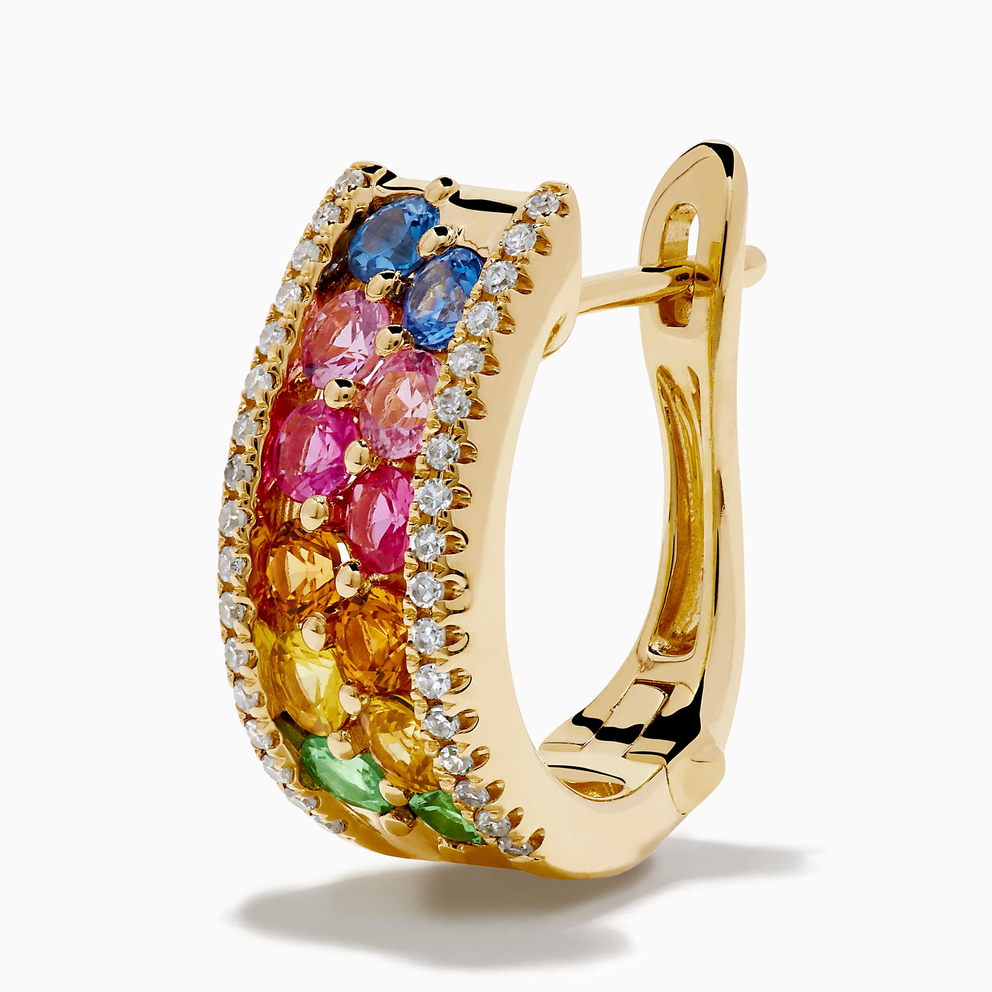 The Watercolors 14K Yellow Gold Multi Sapphire and Diamond Mini Hoop Earrings feature vibrant rows of colorful sapphires bordered by sparkling diamonds, shown against a white background.