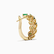 The 14K Yellow Gold Emerald and Diamond Marquise Leaf Hoop Earrings feature alternating marquise emeralds and diamonds in a graceful leaf-inspired design.