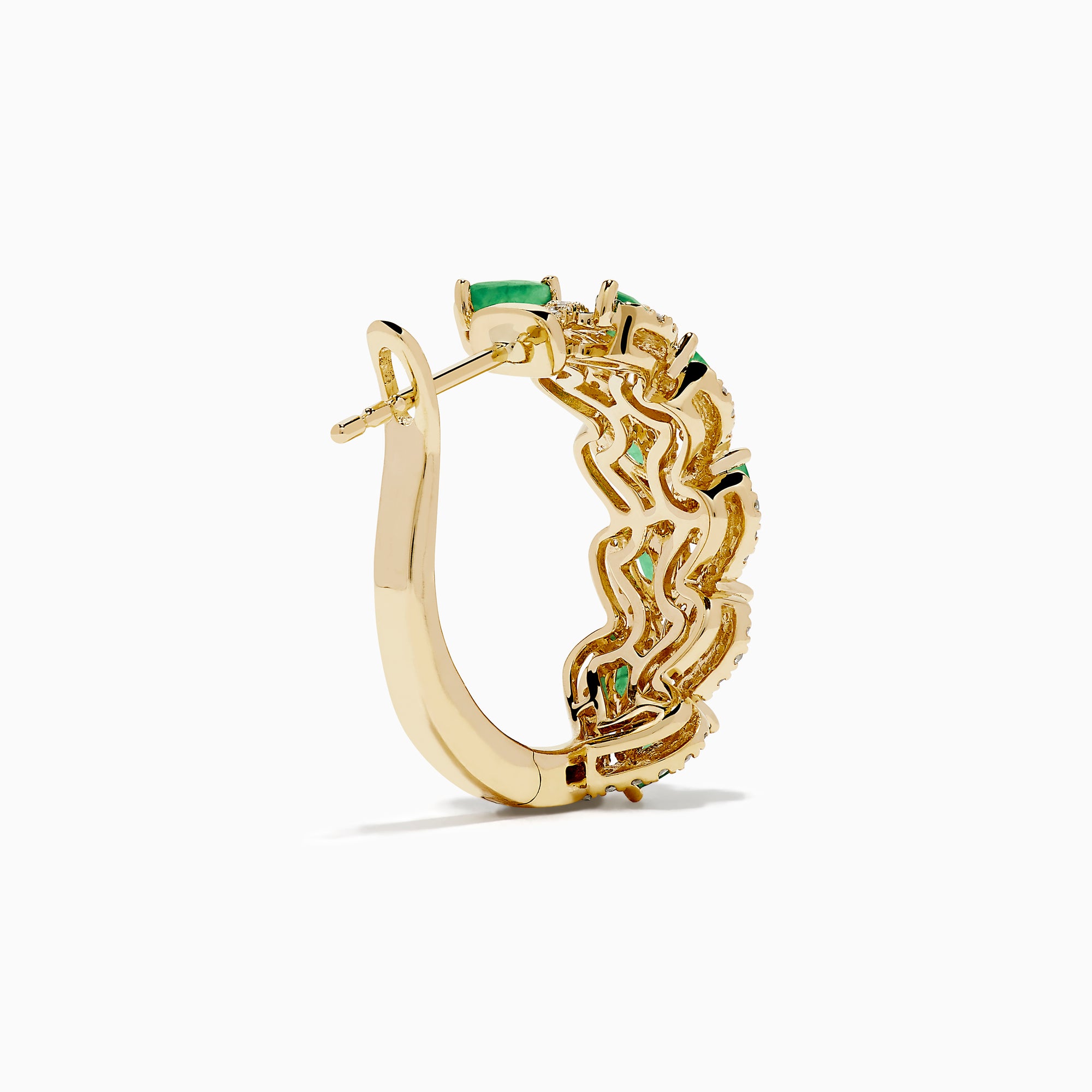 The 14K Yellow Gold Emerald and Diamond Marquise Leaf Hoop Earrings feature alternating marquise emeralds and diamonds in a graceful leaf-inspired design.