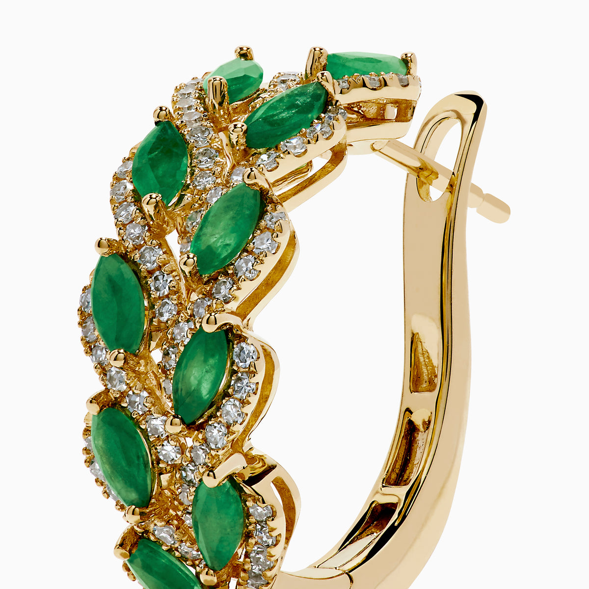 The 14K Yellow Gold Emerald and Diamond Marquise Leaf Hoop Earrings feature alternating marquise emeralds and diamonds in a graceful leaf-inspired design.