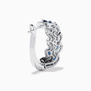 The 14K White Gold Sapphire and Diamond Leaf Motif Hoop Earrings feature marquise blue sapphires in a leaf design with diamond accents, set against a white background.
