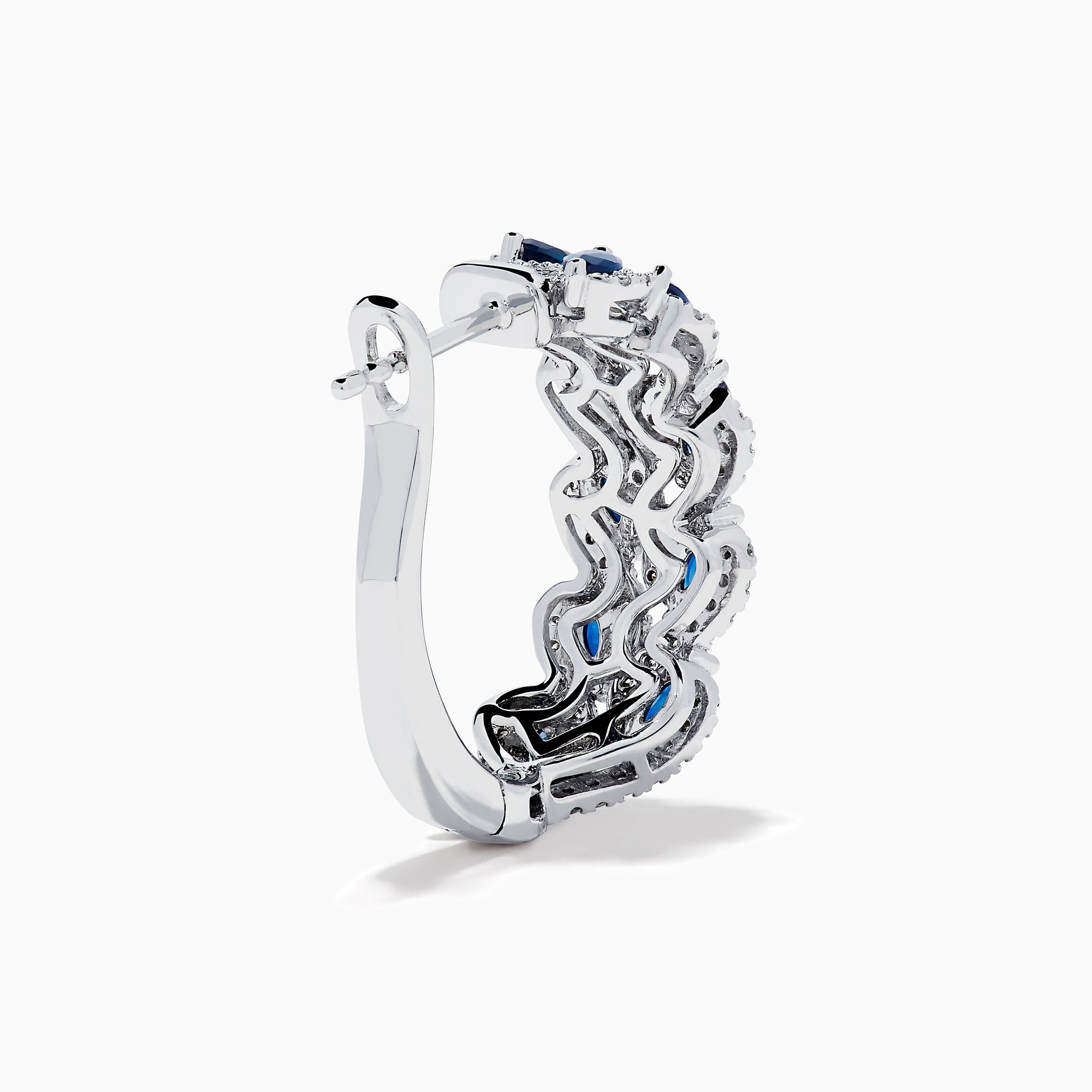 The 14K White Gold Sapphire and Diamond Leaf Motif Hoop Earrings feature marquise blue sapphires in a leaf design with diamond accents, set against a white background.