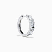 A pair of Classique 14K White Gold Diamond Hoop Earrings, featuring rectangular and round clear gemstones, shown on a white background with soft shadows to the left of each earring.