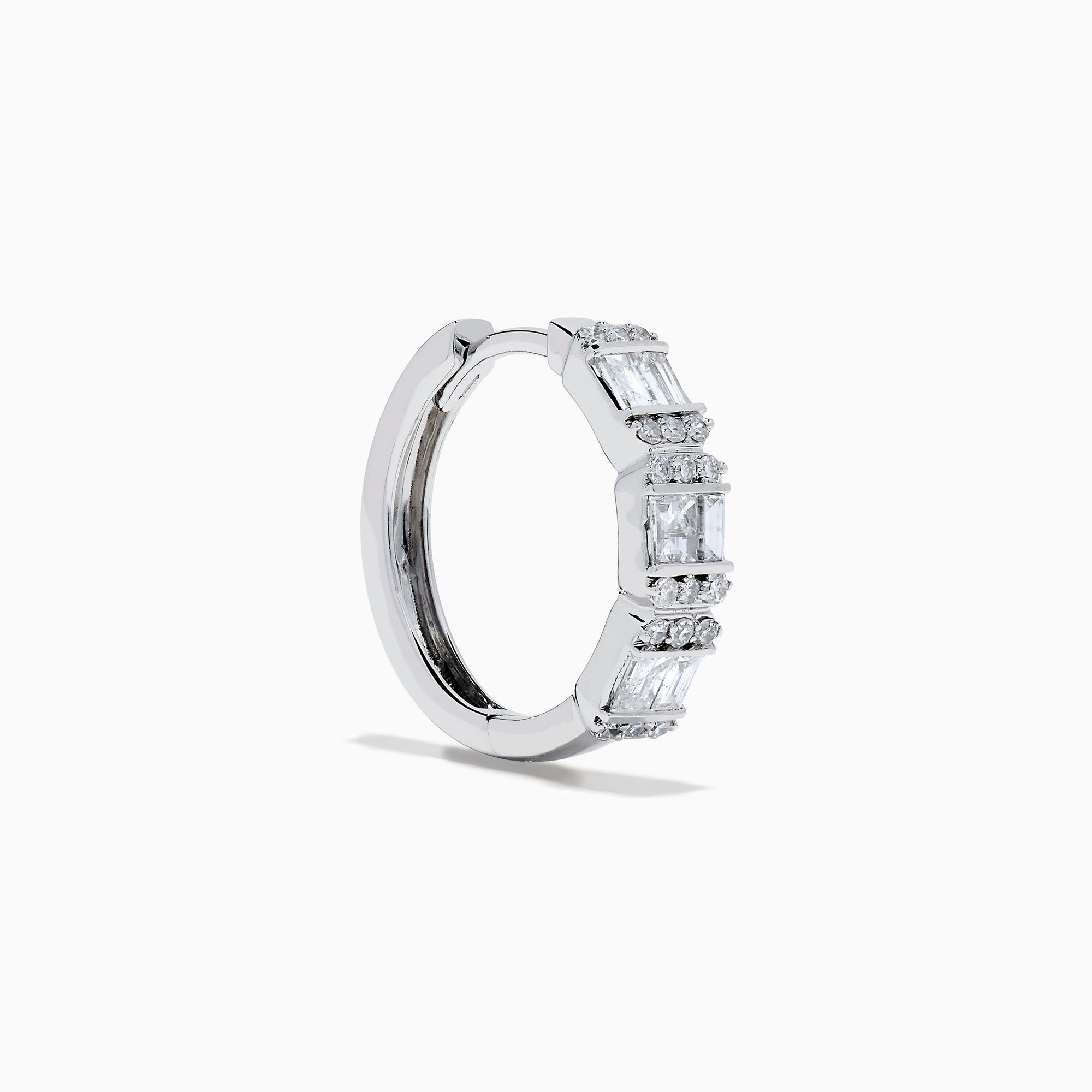 A pair of Classique 14K White Gold Diamond Hoop Earrings, featuring rectangular and round clear gemstones, shown on a white background with soft shadows to the left of each earring.