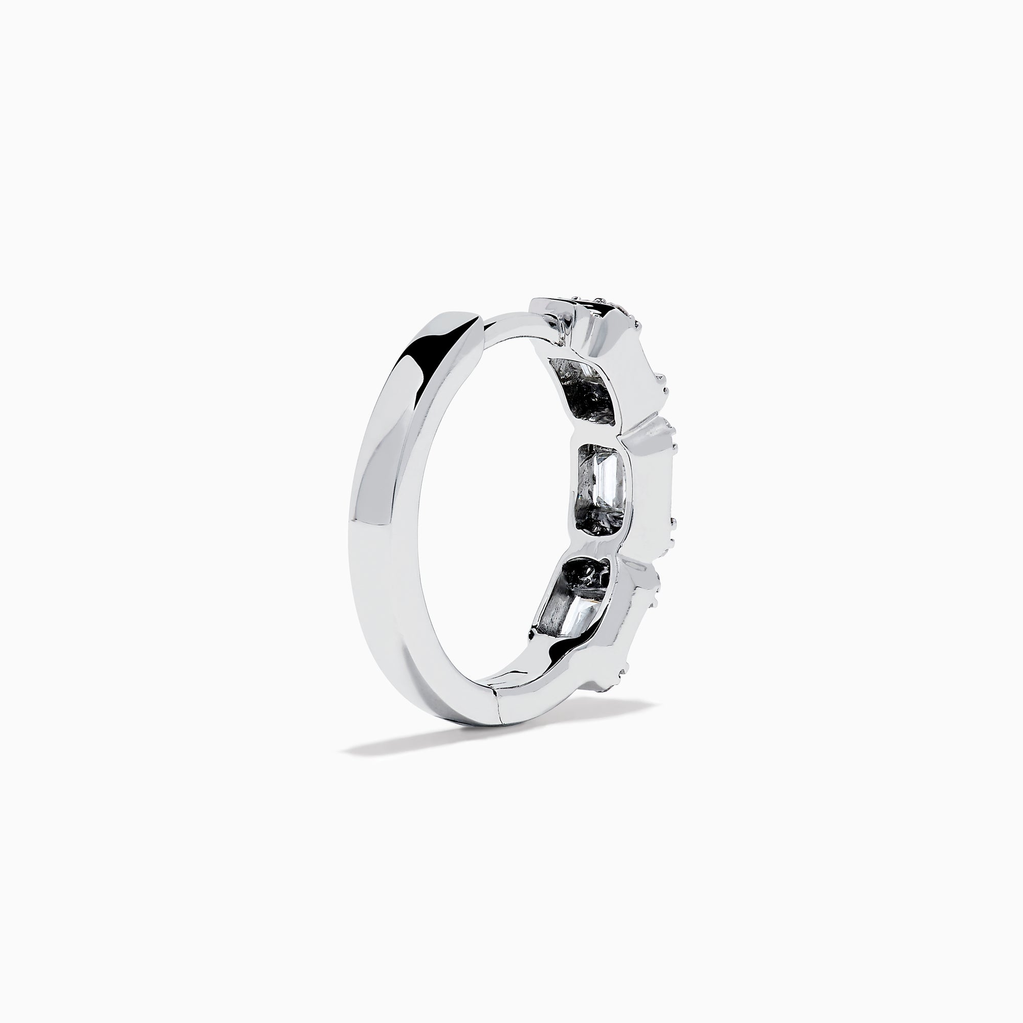 A pair of Classique 14K White Gold Diamond Hoop Earrings, featuring rectangular and round clear gemstones, shown on a white background with soft shadows to the left of each earring.