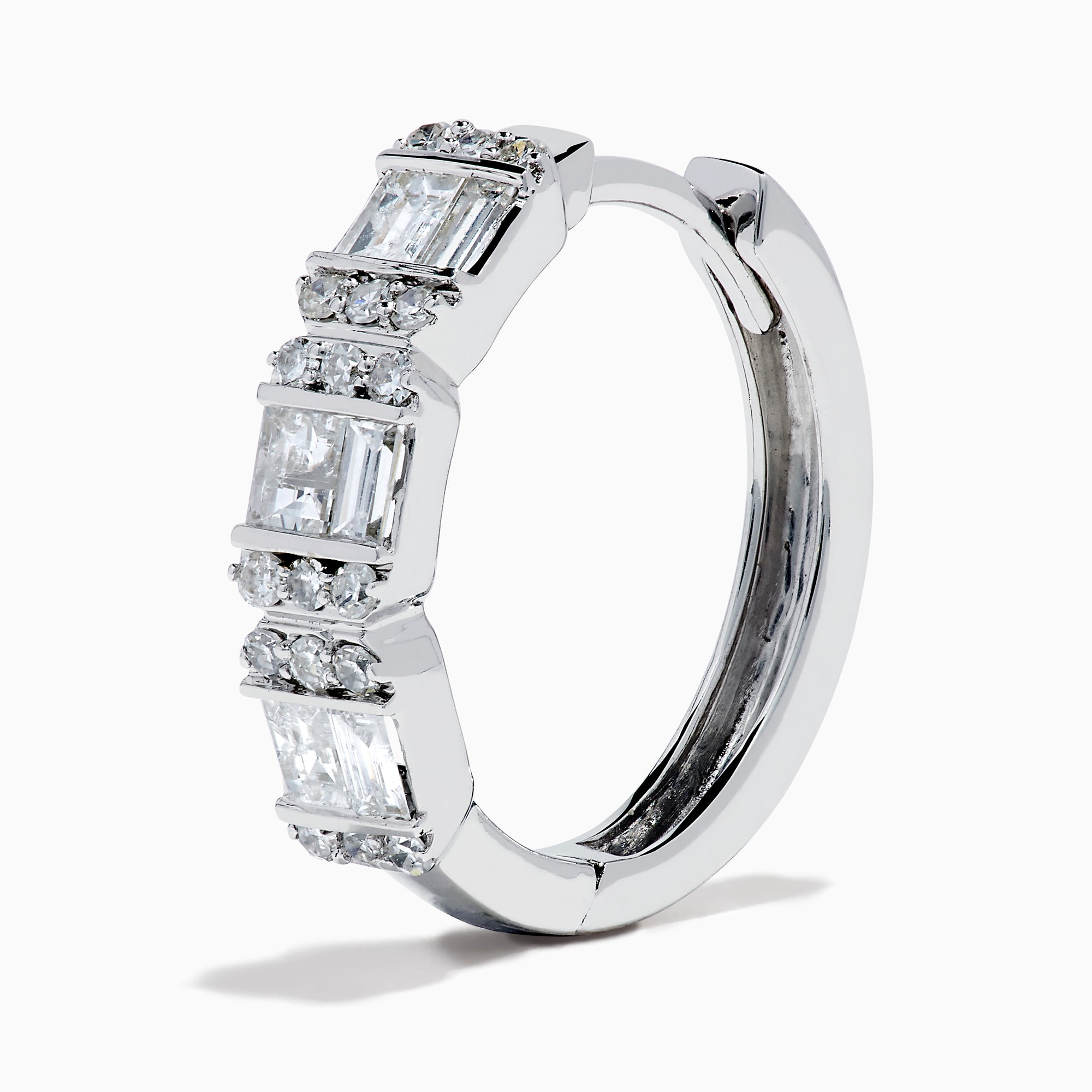 A pair of Classique 14K White Gold Diamond Hoop Earrings, featuring rectangular and round clear gemstones, shown on a white background with soft shadows to the left of each earring.