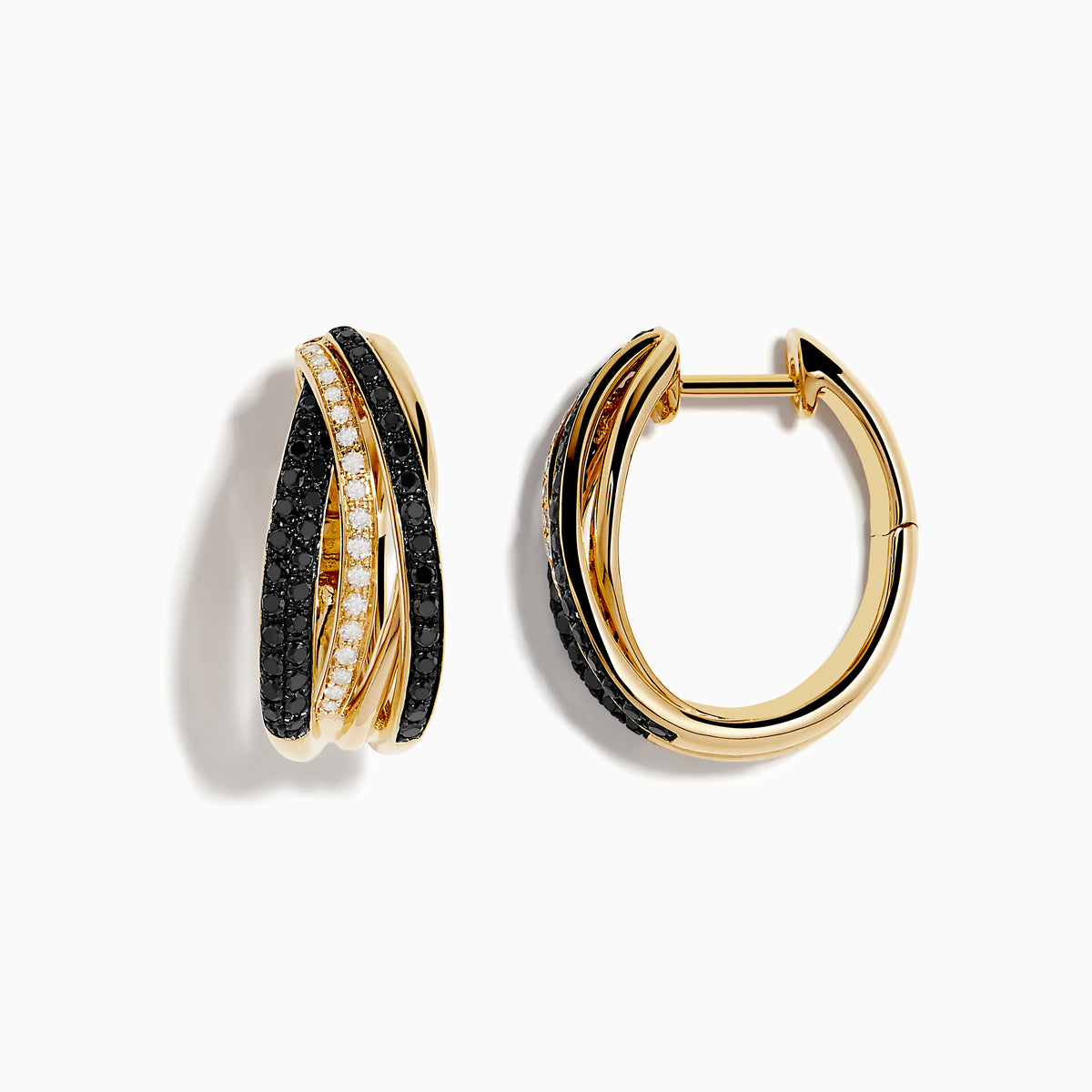 Crafted in 14K yellow gold, these Black and White Diamond Earrings feature an elegant twisted design with intertwined pavé stones, highlighting their sophisticated beauty against a plain white background.