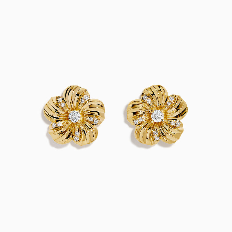 The 14K Yellow Gold Diamond Daisy Flower Stud Earrings showcase daisy shapes with sparkling diamond accents at the center and tips, crafted in yellow gold and displayed on a white background.