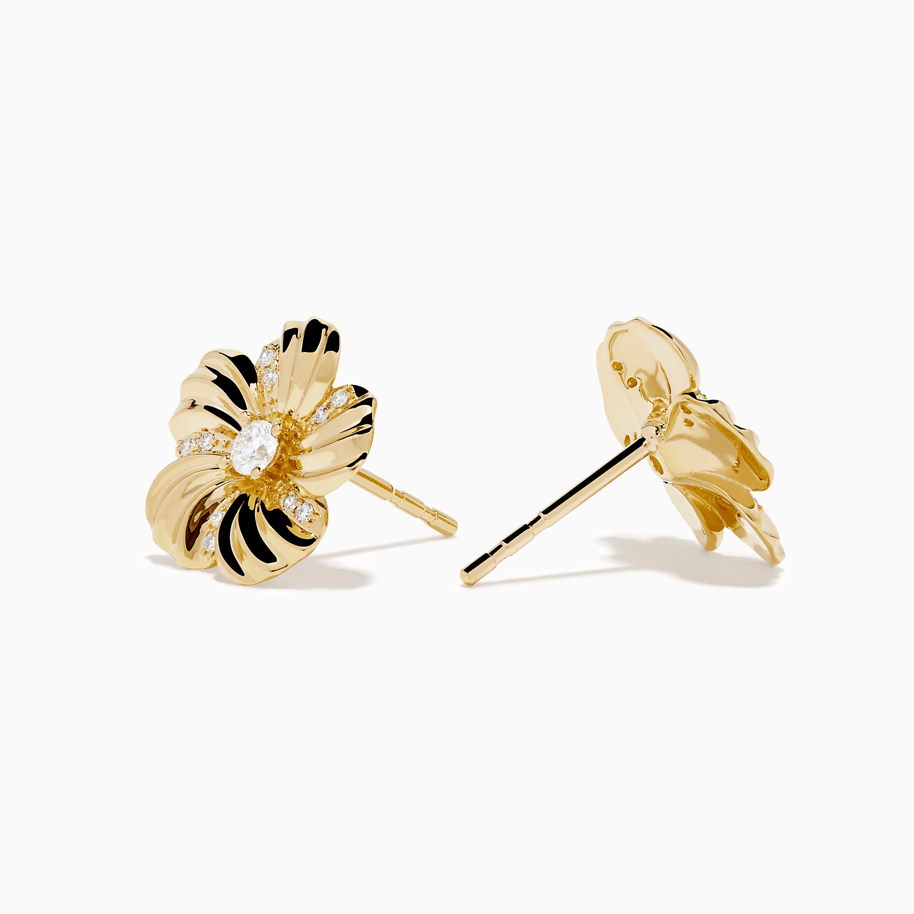 The 14K Yellow Gold Diamond Daisy Flower Stud Earrings showcase daisy shapes with sparkling diamond accents at the center and tips, crafted in yellow gold and displayed on a white background.