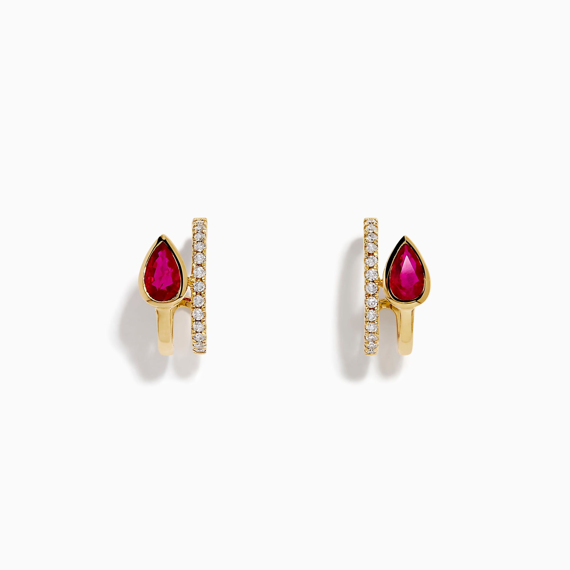 The Ruby Royale 14K Yellow Gold Ruby and Diamond Earrings feature teardrop-shaped red gemstones next to vertical rows of small diamonds, shown on a white background.