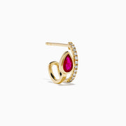 The Ruby Royale 14K Yellow Gold Ruby and Diamond Earrings feature teardrop-shaped red gemstones next to vertical rows of small diamonds, shown on a white background.