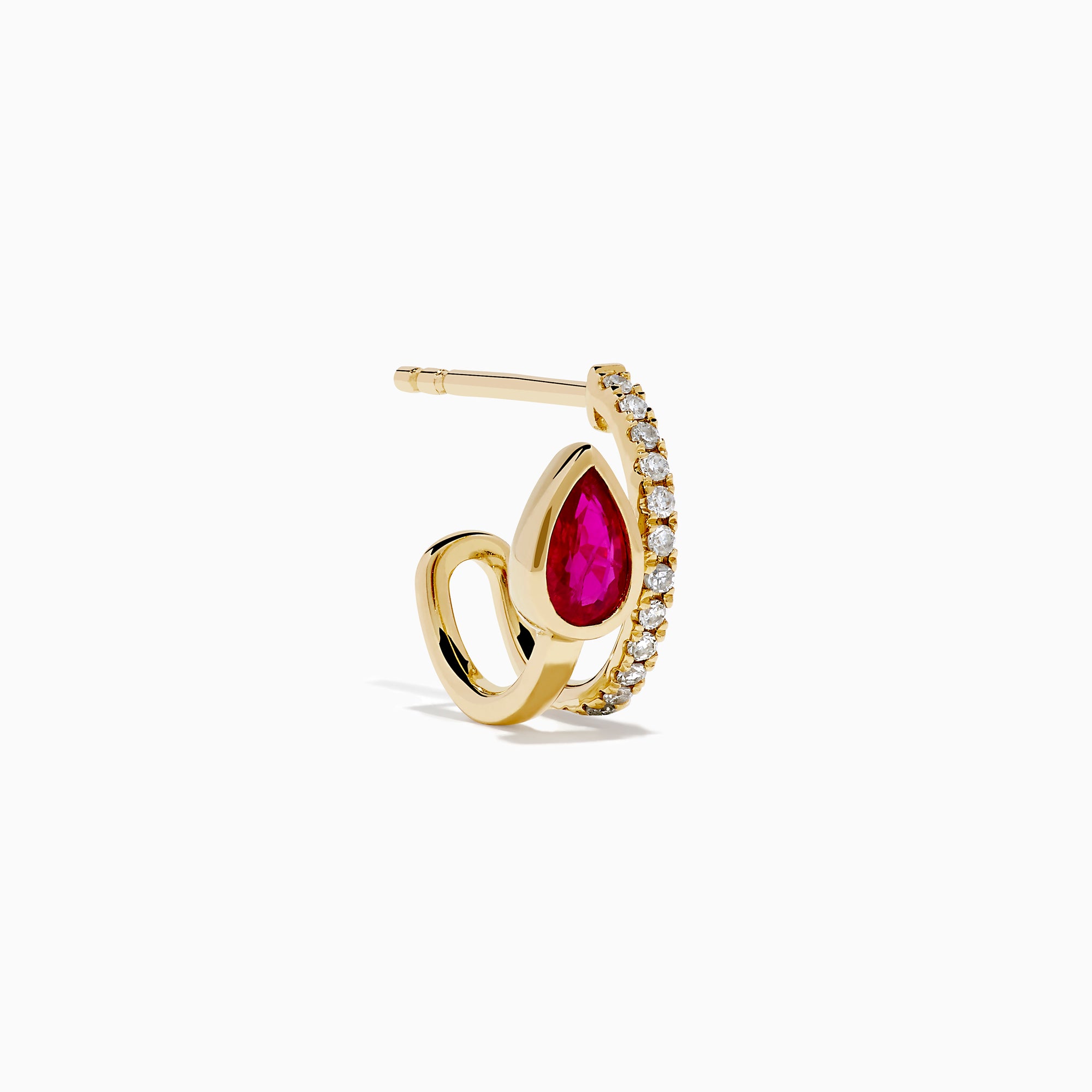 The Ruby Royale 14K Yellow Gold Ruby and Diamond Earrings feature teardrop-shaped red gemstones next to vertical rows of small diamonds, shown on a white background.