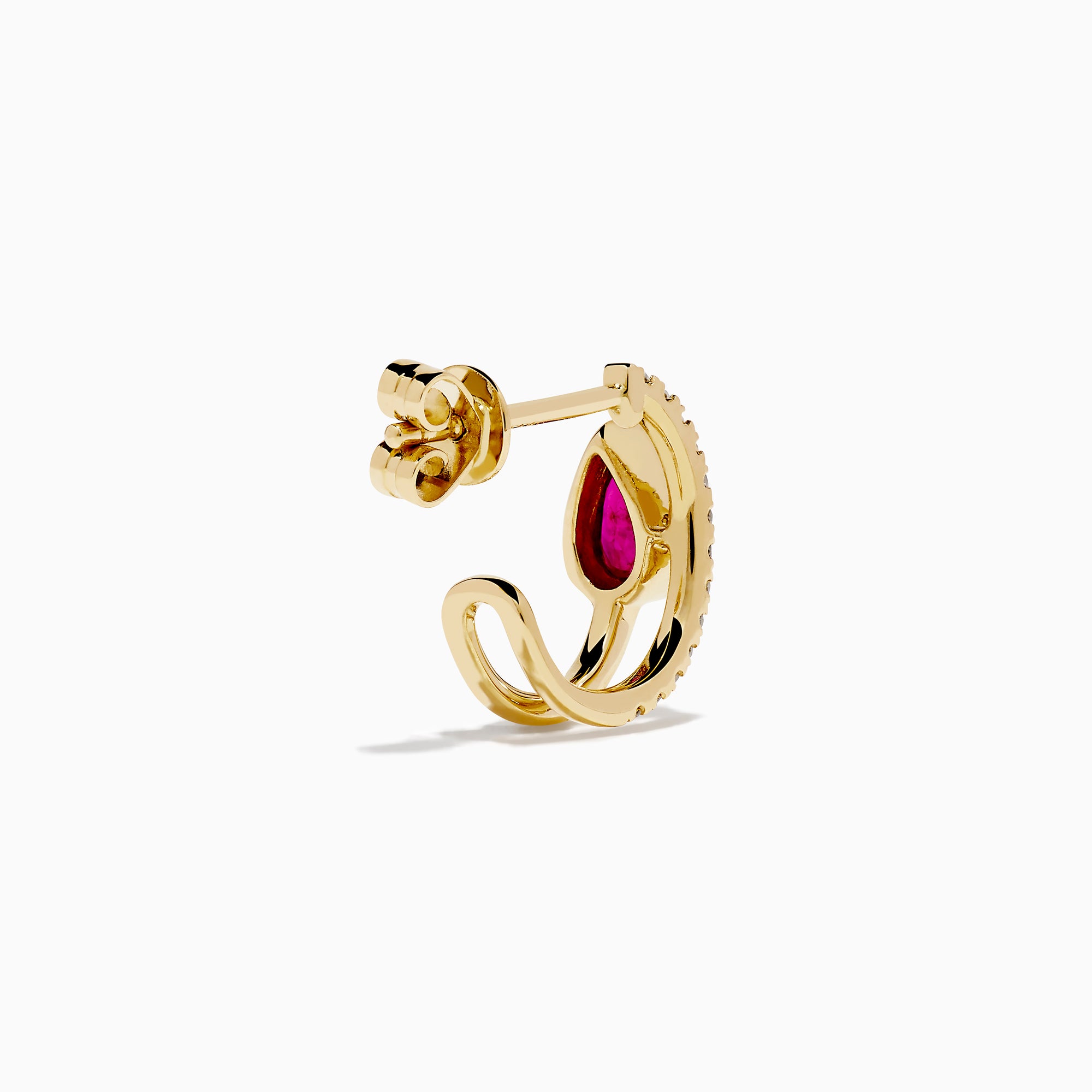 The Ruby Royale 14K Yellow Gold Ruby and Diamond Earrings feature teardrop-shaped red gemstones next to vertical rows of small diamonds, shown on a white background.