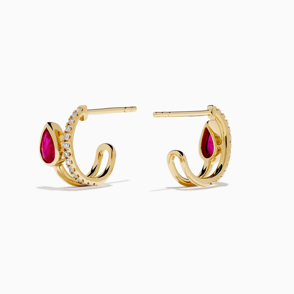 The Ruby Royale 14K Yellow Gold Ruby and Diamond Earrings feature teardrop-shaped red gemstones next to vertical rows of small diamonds, shown on a white background.