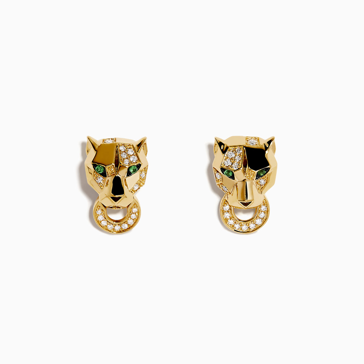 Signature 14K Yellow Gold Panther Stud Earrings feature tsavorite green gemstone eyes and a diamond-encrusted gold ring in each panther’s mouth.