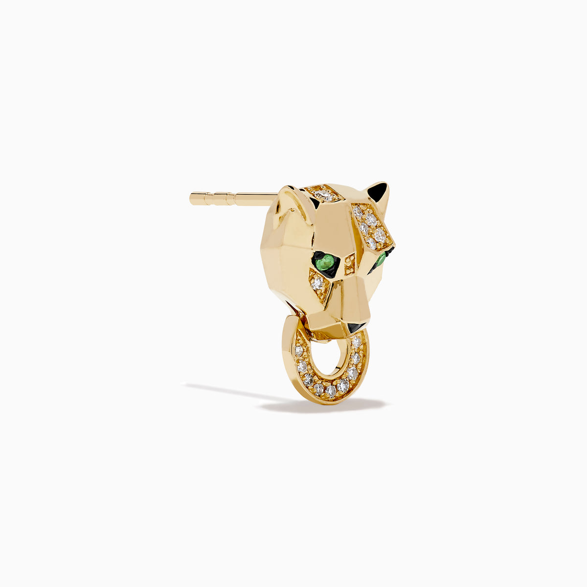 Signature 14K Yellow Gold Panther Stud Earrings feature tsavorite green gemstone eyes and a diamond-encrusted gold ring in each panther’s mouth.