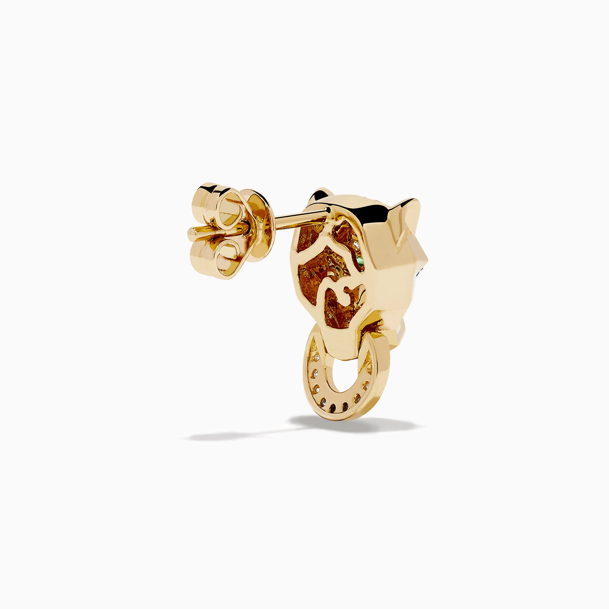 Signature 14K Yellow Gold Panther Stud Earrings feature tsavorite green gemstone eyes and a diamond-encrusted gold ring in each panther’s mouth.