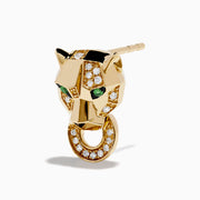 Signature 14K Yellow Gold Panther Stud Earrings feature tsavorite green gemstone eyes and a diamond-encrusted gold ring in each panther’s mouth.