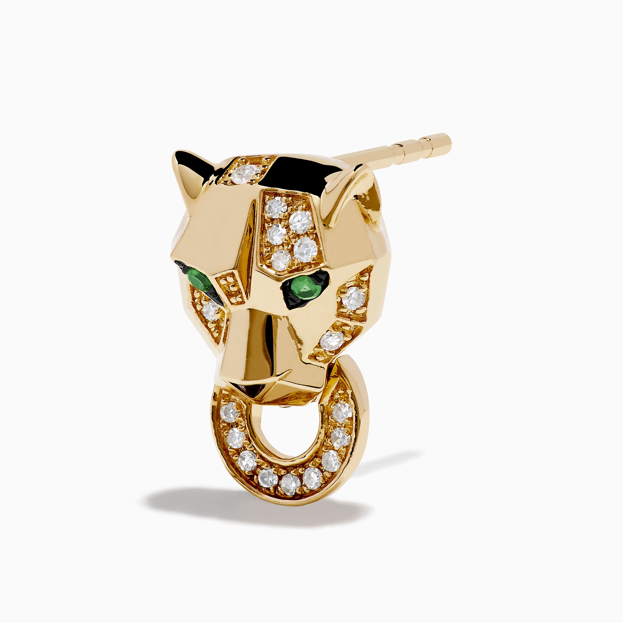 Signature 14K Yellow Gold Panther Stud Earrings feature tsavorite green gemstone eyes and a diamond-encrusted gold ring in each panther’s mouth.