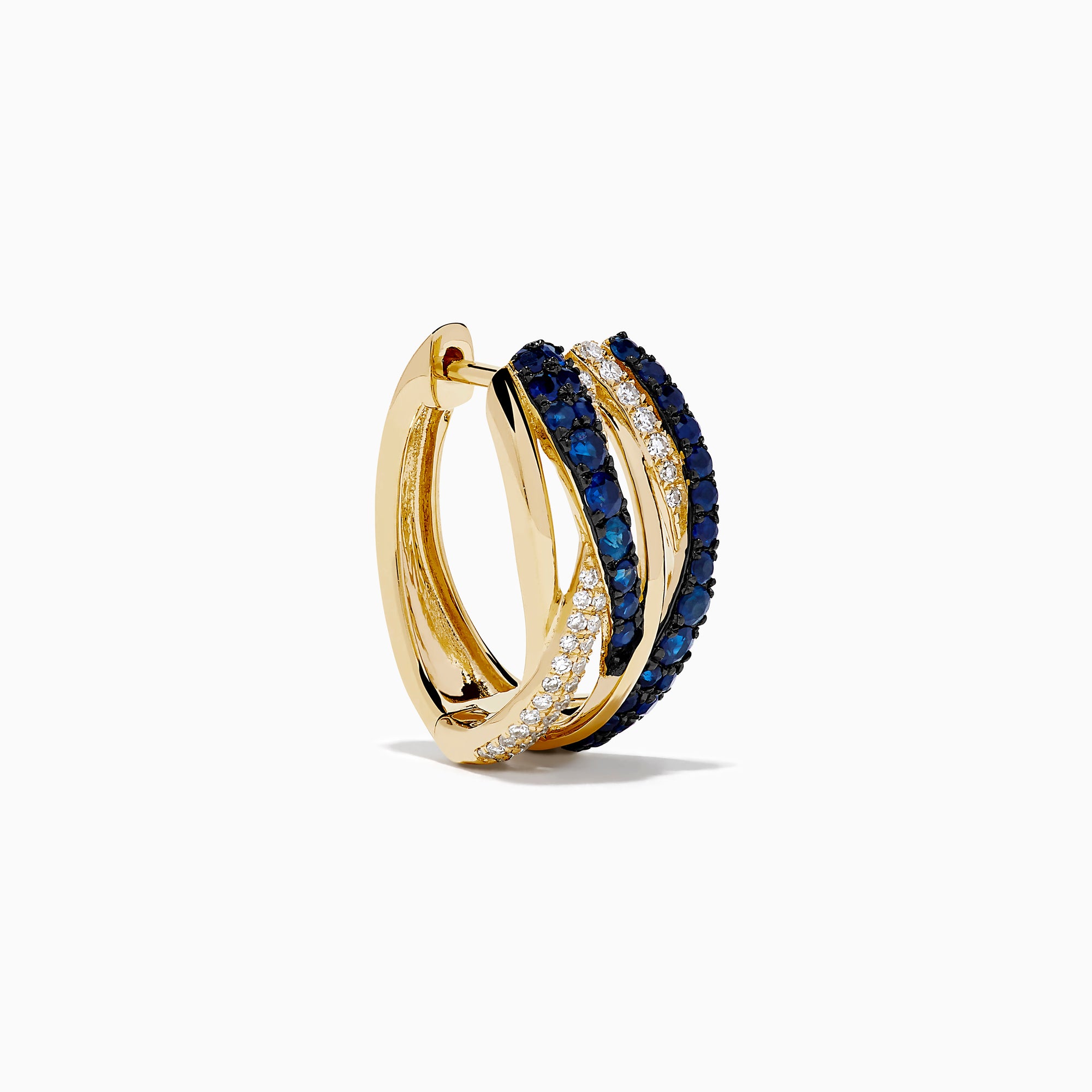 The 14K Yellow Gold Sapphire and Diamond Crossover Hoop Earrings feature intertwined bands set with blue sapphires and small clear diamonds, shown against a white background.