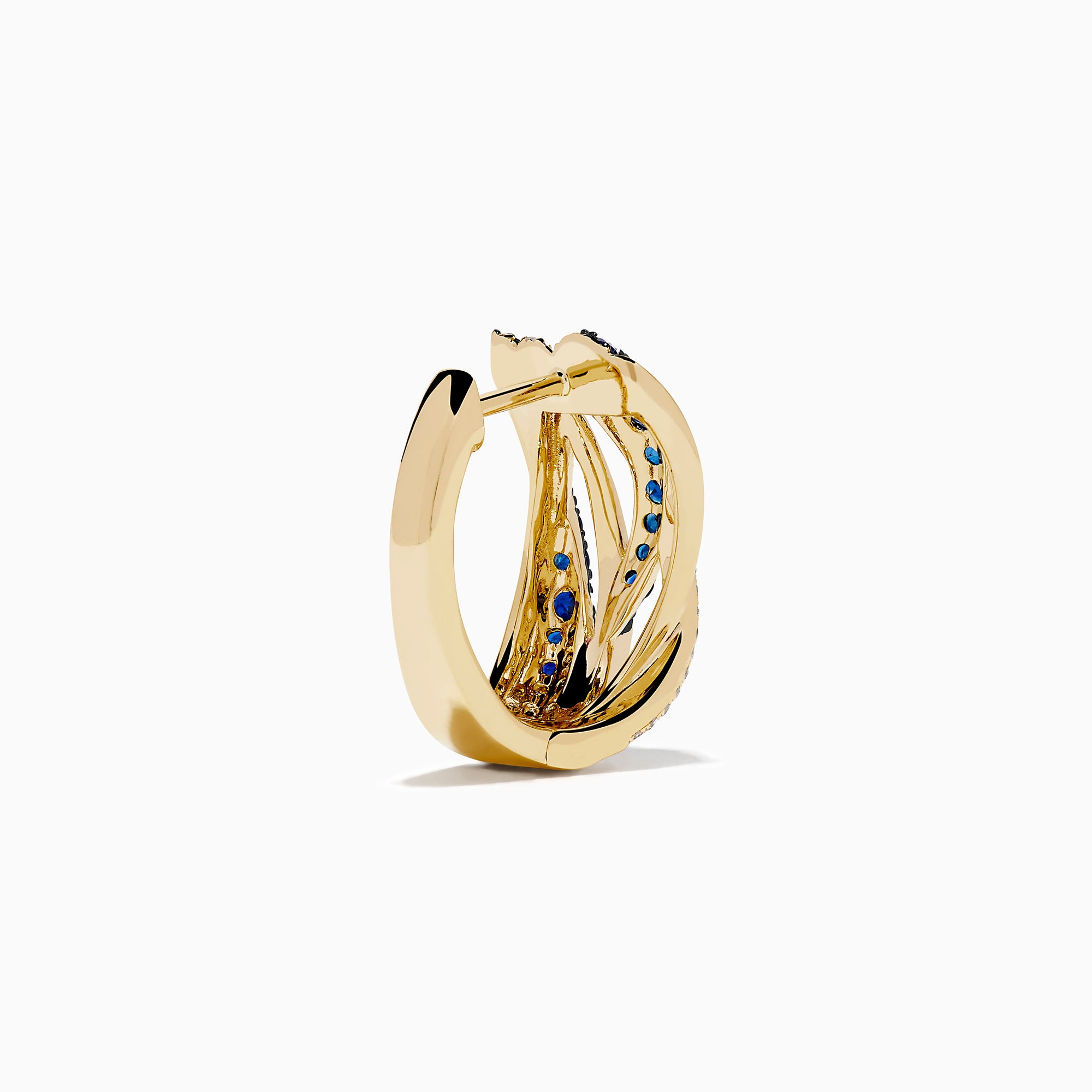 The 14K Yellow Gold Sapphire and Diamond Crossover Hoop Earrings feature intertwined bands set with blue sapphires and small clear diamonds, shown against a white background.