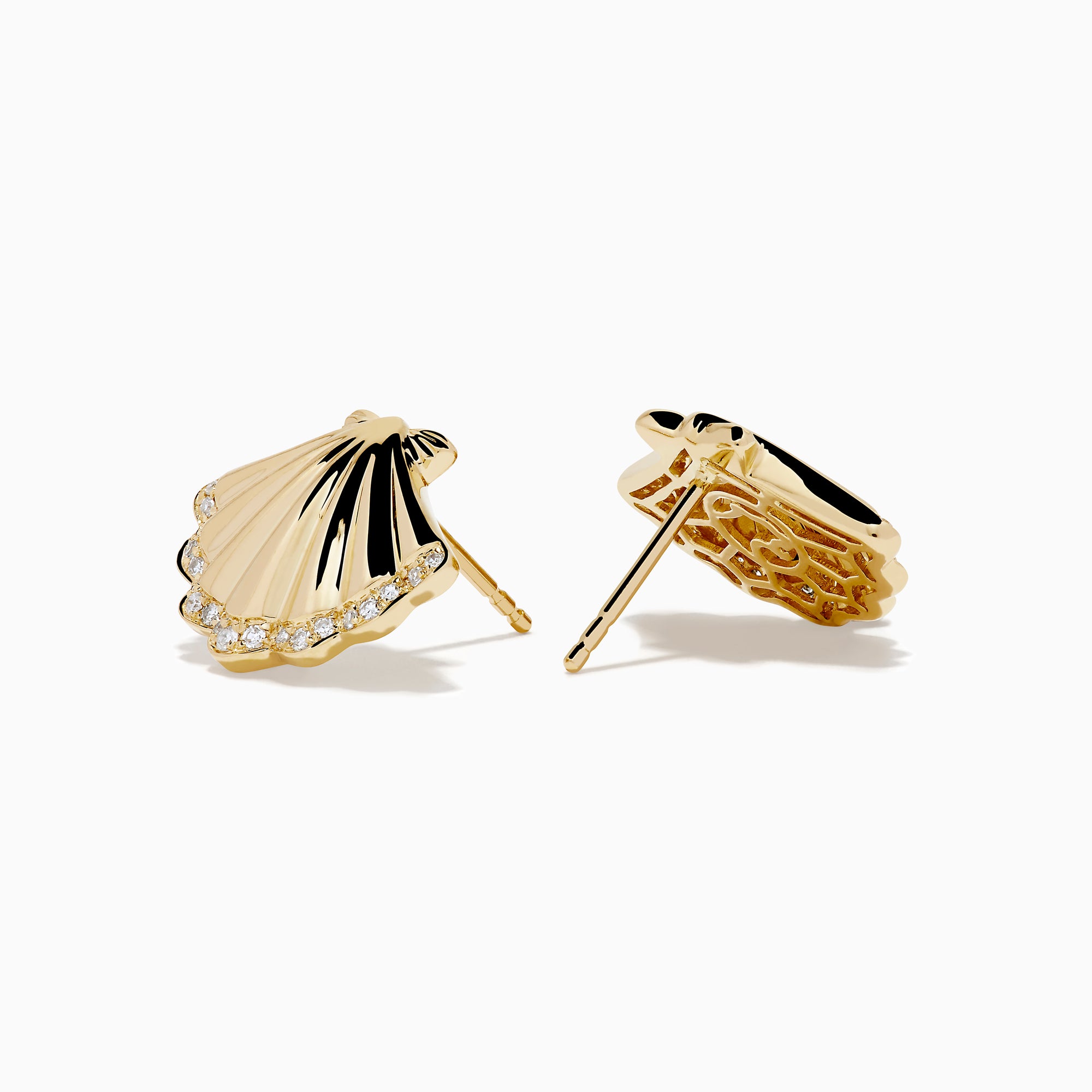 14K Yellow Gold Diamond Shell 13mm Stud Earrings