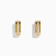The 14K Yellow Gold Diamond Square Mini Hoop Earrings each feature a center row of sparkling white diamonds and are shown on a plain white background.
