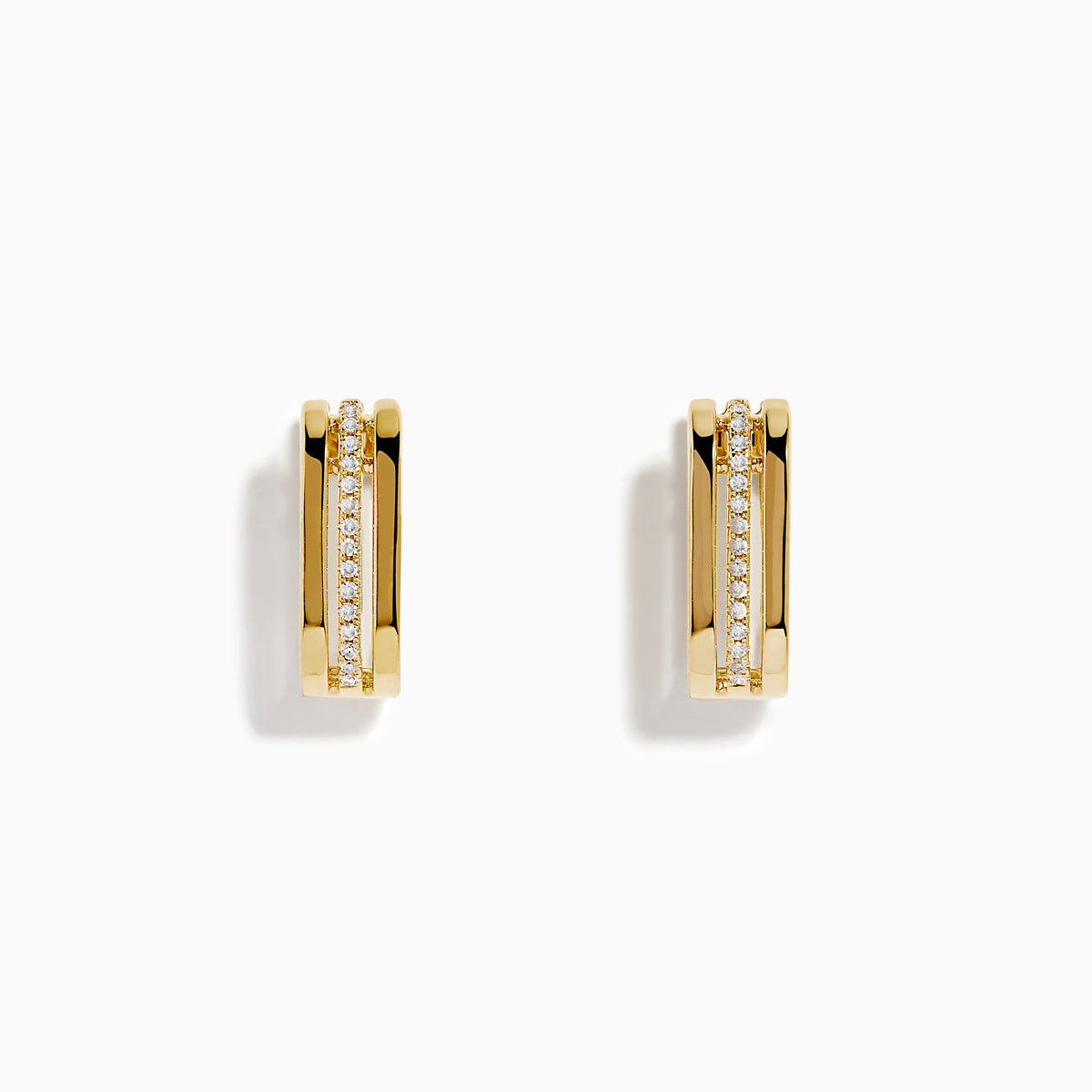 The 14K Yellow Gold Diamond Square Mini Hoop Earrings each feature a center row of sparkling white diamonds and are shown on a plain white background.