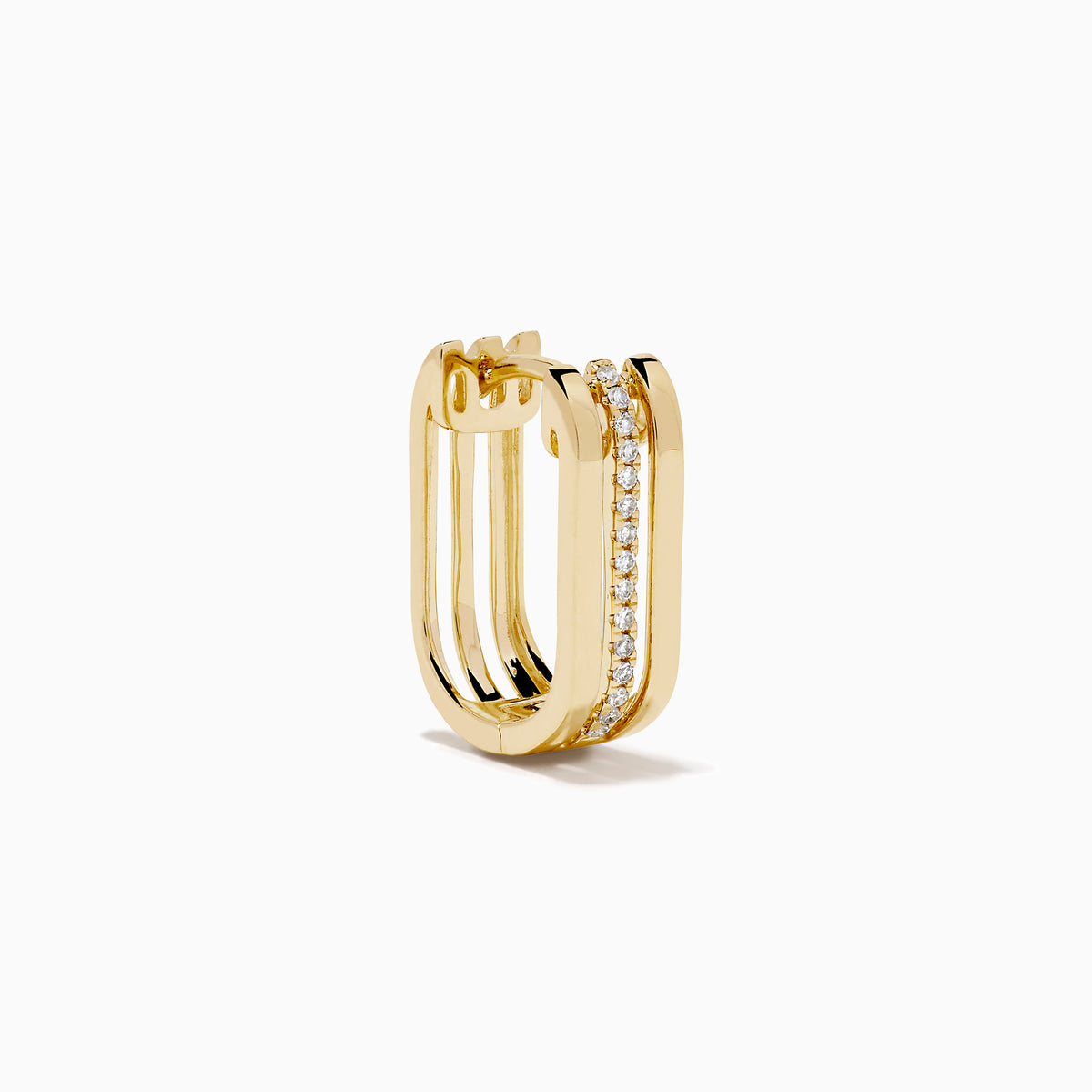 The 14K Yellow Gold Diamond Square Mini Hoop Earrings each feature a center row of sparkling white diamonds and are shown on a plain white background.