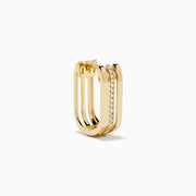 The 14K Yellow Gold Diamond Square Mini Hoop Earrings each feature a center row of sparkling white diamonds and are shown on a plain white background.
