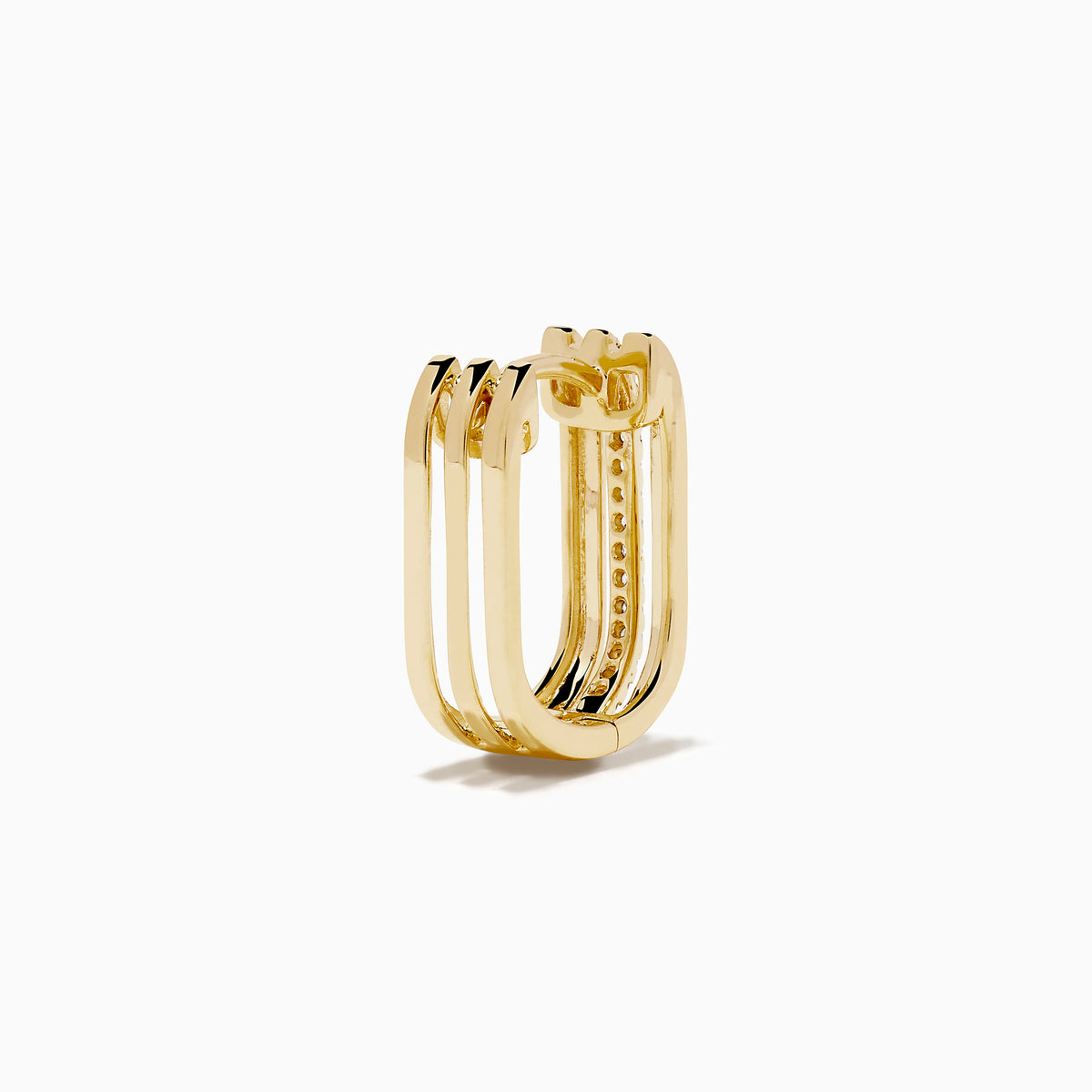 The 14K Yellow Gold Diamond Square Mini Hoop Earrings each feature a center row of sparkling white diamonds and are shown on a plain white background.