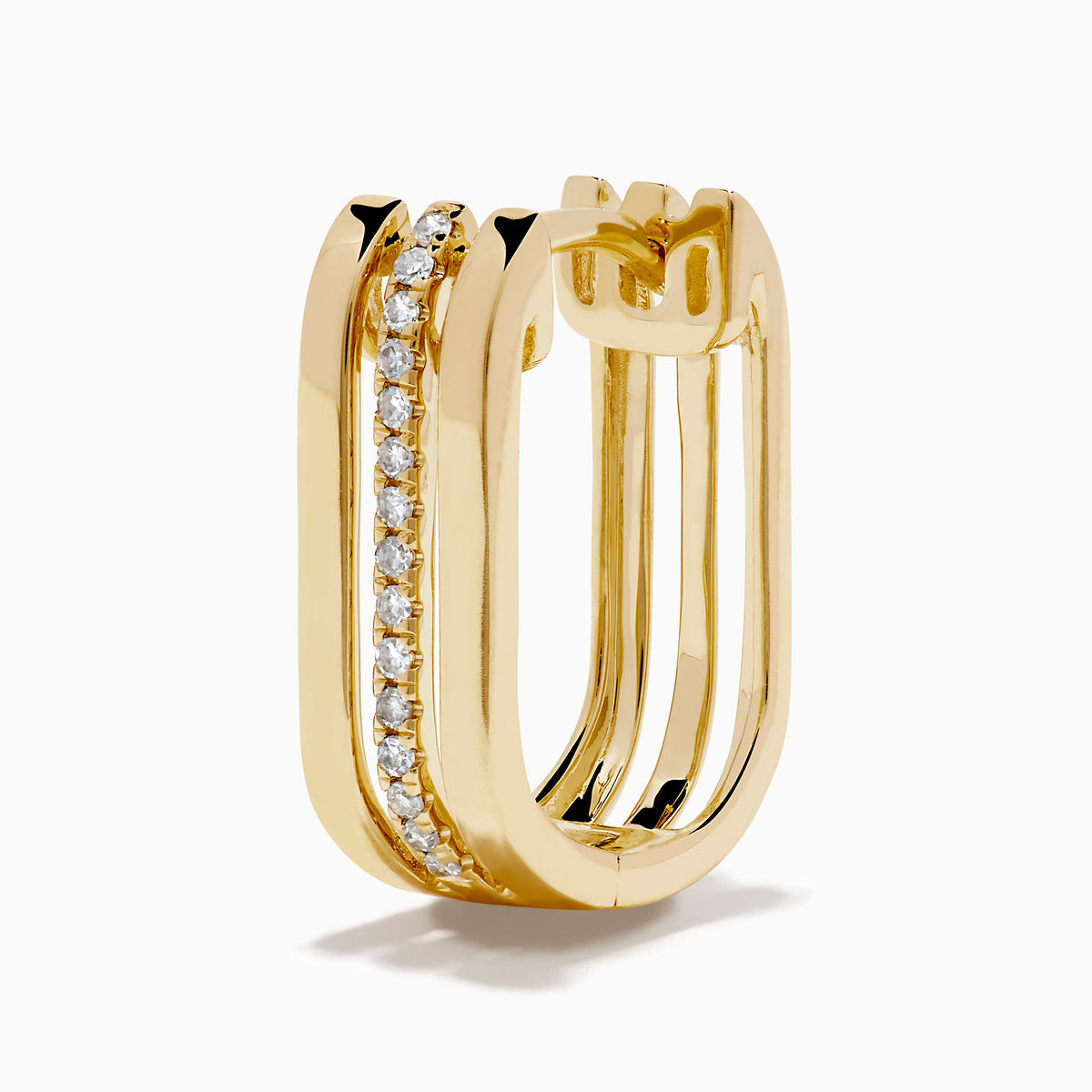 The 14K Yellow Gold Diamond Square Mini Hoop Earrings each feature a center row of sparkling white diamonds and are shown on a plain white background.