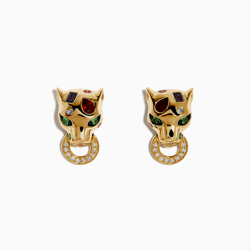 Signature 14K Yellow Gold Multi Sapphire and Diamond Panther Stud Earrings feature bold panther heads with vibrant gemstone eyes holding diamond-studded hoops, designed to add a striking touch to your style.