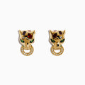 Signature 14K Yellow Gold Multi Sapphire and Diamond Panther Stud Earrings feature bold panther heads with vibrant gemstone eyes holding diamond-studded hoops, designed to add a striking touch to your style.